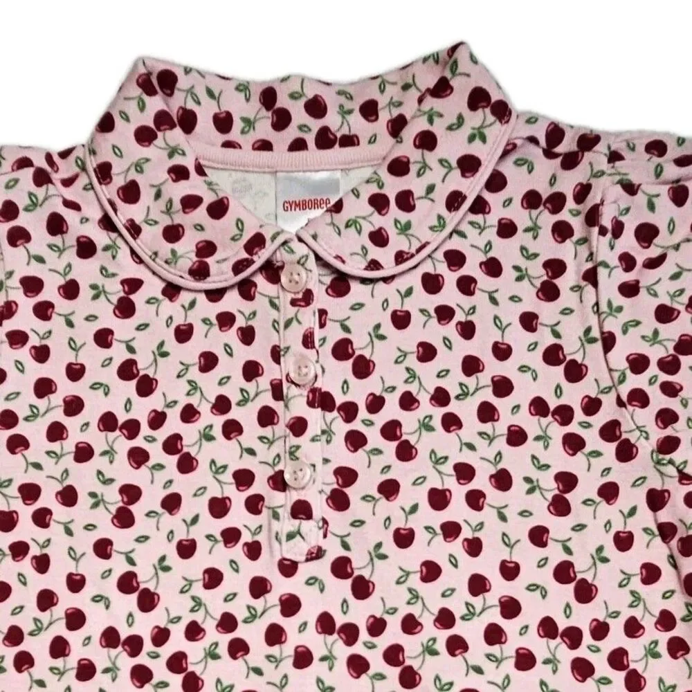 Vintage Gymboree Top Girls Size 5 Pink Red Polo Cherry Pie Line All Over Print